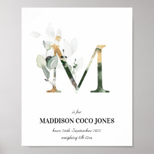 Brev M Nyfödd bebis Monogram Birth Print Greenery Poster