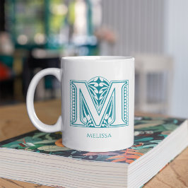 Brev M Teal Monogram Modern Namn-kaffe Mugg