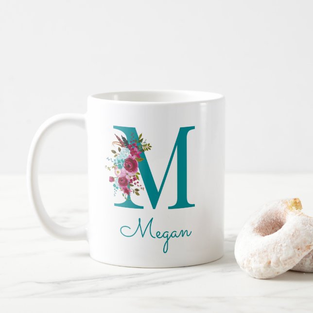 Brev M Teal Rosa Blommig Kaffemugg (Med munk)