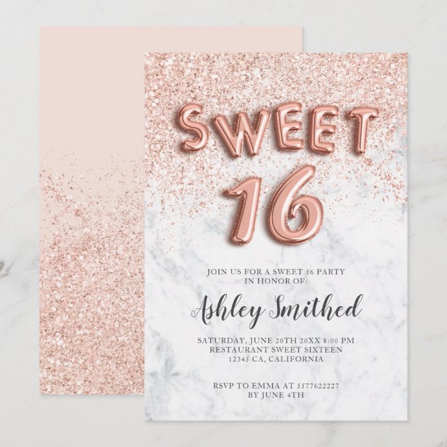 brev marmor sweet sixteen ro guld glitter inbjudningar (Fram/baksida)