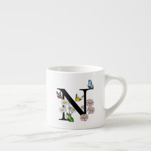 Brev N Blommigt Butterfly Monogram - initialt Espressomugg