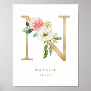Brev N  Blommigt Monogram Guld Foil Nursery Poster