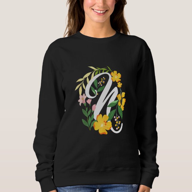 Brev N Capital Alphabet Flowers Monogram Initial T Shirt (Framsida)