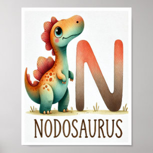 Brev N, Dinosaur Alphabet Watercolor Poster