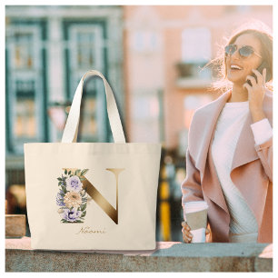 Brev N Elegant Blommigt Guld Monogram Jumbo Tygkasse