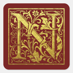 Brev N First Brev Faux Guld Red Fyrkantigt Klistermärke