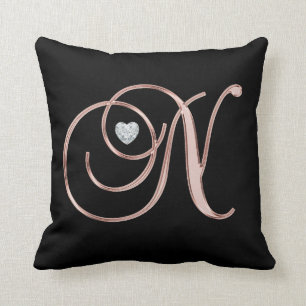 Brev 'N 'för Monogram för elegantsvart rosa guld Kudde