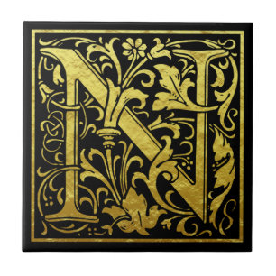 Brev N Första Brev Faux Guld Black Kakelplatta