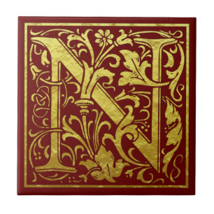 Brev N Första Brev Faux Guld Red Kakelplatta