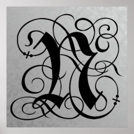 Brev N, Gothic Monogram Black Poster