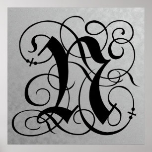 Brev N, Gothic Monogram Black Poster