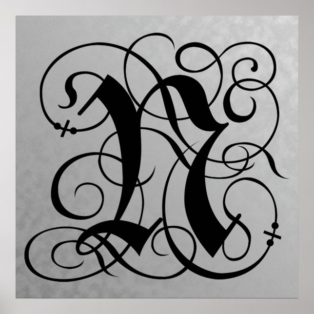 Brev N, Gothic Monogram Black Poster (Framsidan)