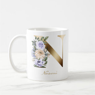 Brev N Guld Monogram Light Lila Cream Blommigt Kaffemugg