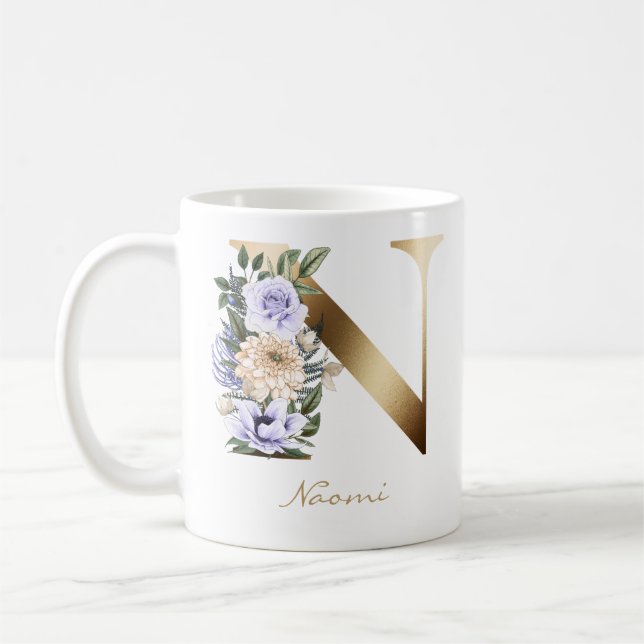 Brev N Guld Monogram Light Lila Cream Blommigt Kaffemugg (Vänster)