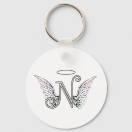 Brev N Initial Monogram med Angel Vingar & Halo Nyckelring