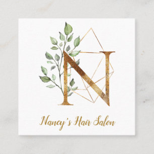 Brev N med guld- geometrisk design och blommor Fyrkantigt Visitkort