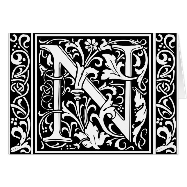 Brev N Medieval Monogram Art nouveau Hälsningskort (Framsidan Horizontal)
