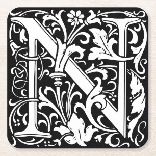 Brev N Medieval Monogram Art nouveau Underlägg Papper Kvadrat