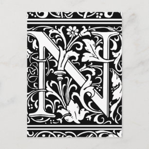 Brev N Medieval Monogram Art nouveau Vykort