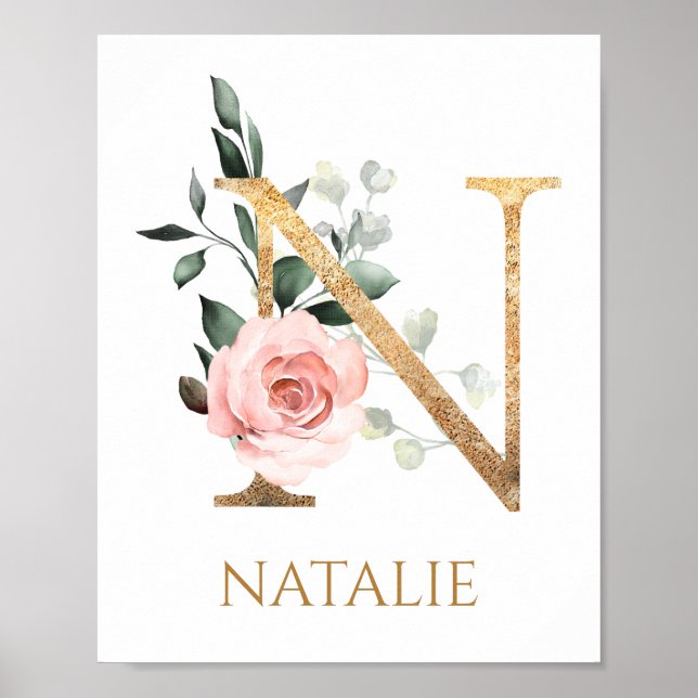 Brev N Monogram rosa ros Nursery Poster (Framsidan)