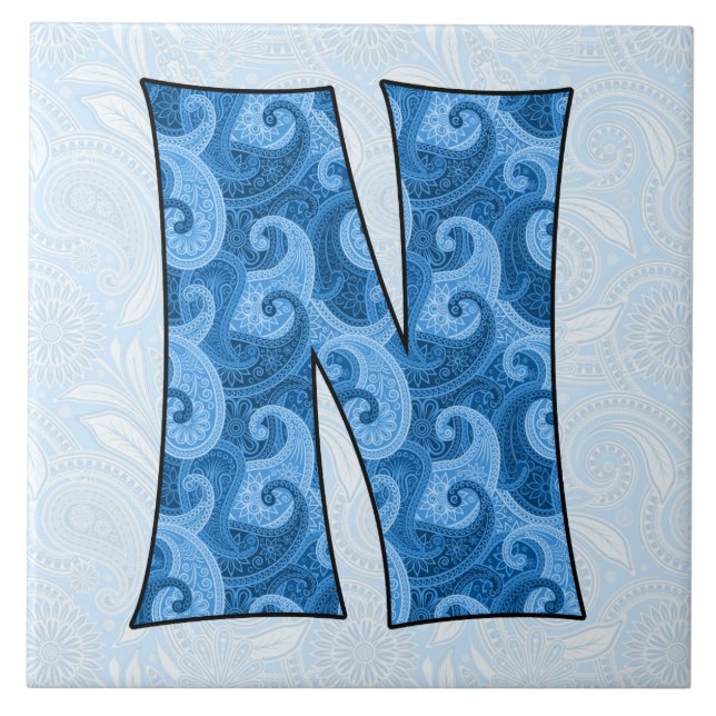 Brev N - Monogrammed Blue Paisley Kakelplatta (Framsidan)