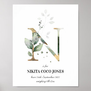 Brev N Nyfödd bebis Monogram Birth Print Greenery Poster