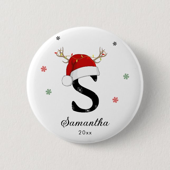 Brev Namn Santa Hat | Monogram | Anpassningsbar In Knapp (Framsida)