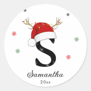 Brev Namn Santa Hat Monogram Anpassningsbar In Runt Klistermärke