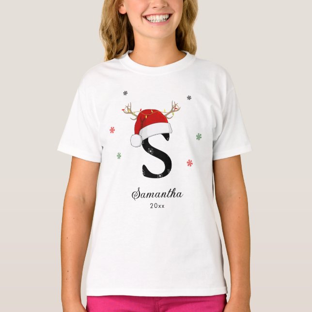 Brev Namn Santa Hat | Monogram | Anpassningsbar In T Shirt (Framsida)