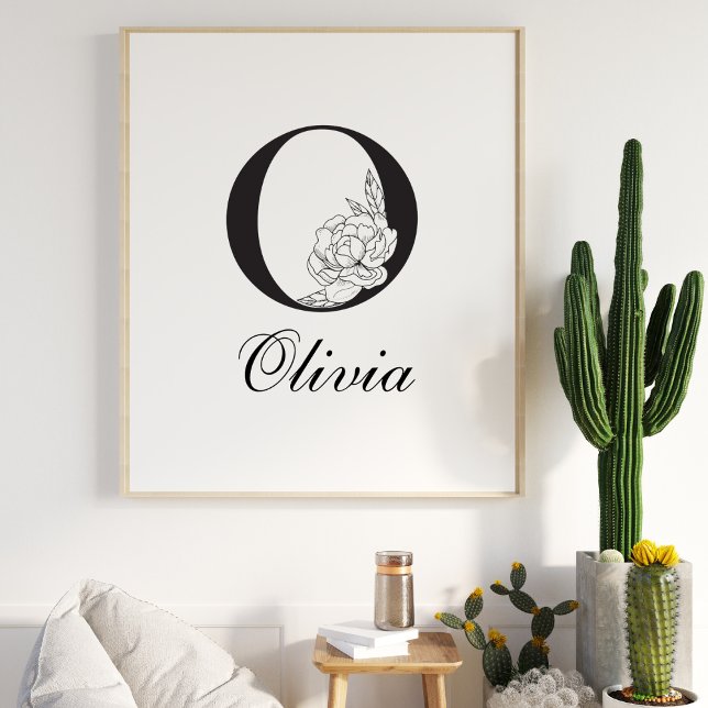 Brev O Blommigt Modern Black Monogram Nursery Poster (Skapare uppladdad)