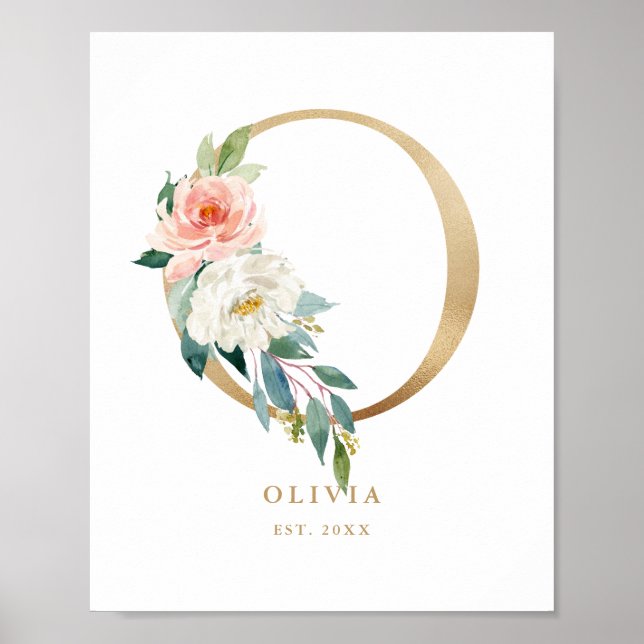 Brev O  Blommigt Monogram Guld Foil Nursery Poster (Framsidan)
