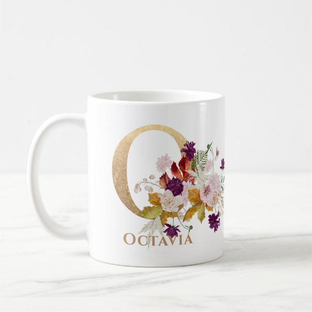 Brev O - Guld Blommigt Namn systervän till medarbe Kaffemugg (Vänster)