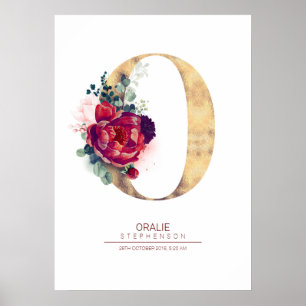 Brev O Monogram Blommigt Burgundy Red och Guld Poster