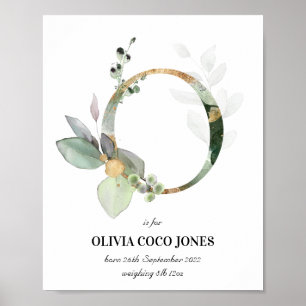 Brev O Nyfödd bebis Monogram Birth Print Greenery Poster