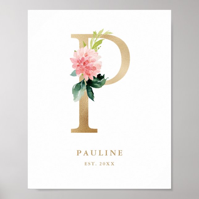 Brev P  Blommigt Monogram Guld Foil Nursery Poster (Framsidan)