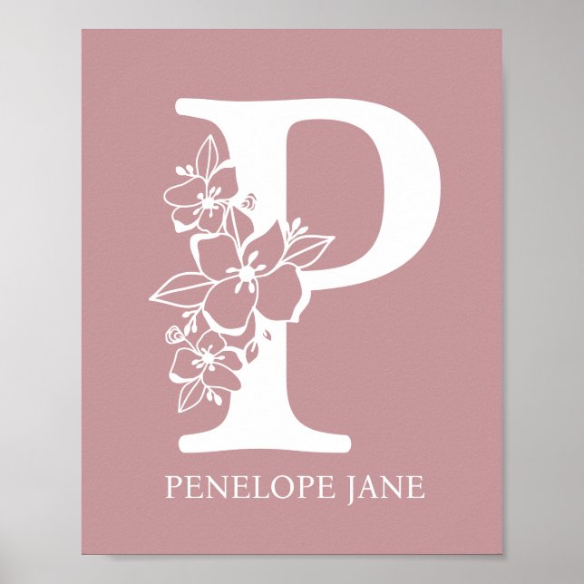 Brev P Blommigt Monogram Namn Nursery Modern Poster (Framsidan)