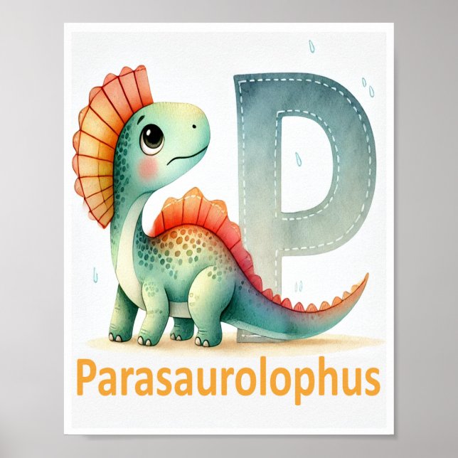 Brev P, Dinosaur Alphabet Watercolor Poster (Framsidan)