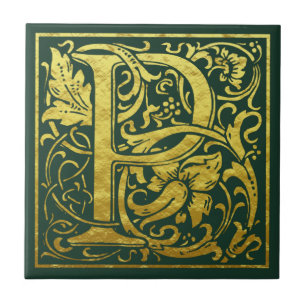 Brev P första Brev Faux Guld Celtic Grönt Kakelplatta