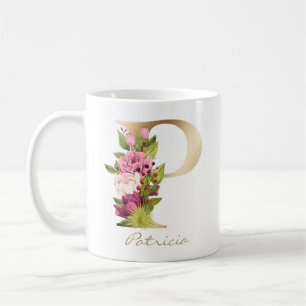 Brev P Guld Monogram Rosa Vit Magenta Blommigt G Kaffemugg