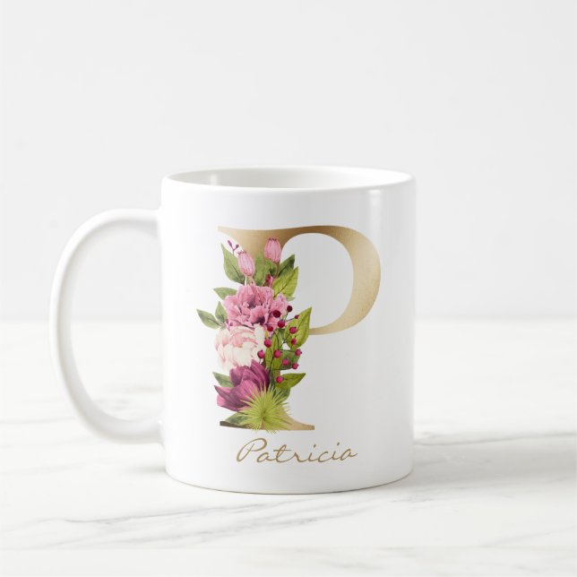 Brev P Guld Monogram Rosa Vit Magenta Blommigt G Kaffemugg (Vänster)