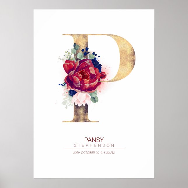 Brev P Monogram Blommigt Navy Blue and Burgundy Poster (Framsidan)