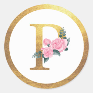 Brev P Monogram Rosa ros Blommigt och Elegant Guld Runt Klistermärke