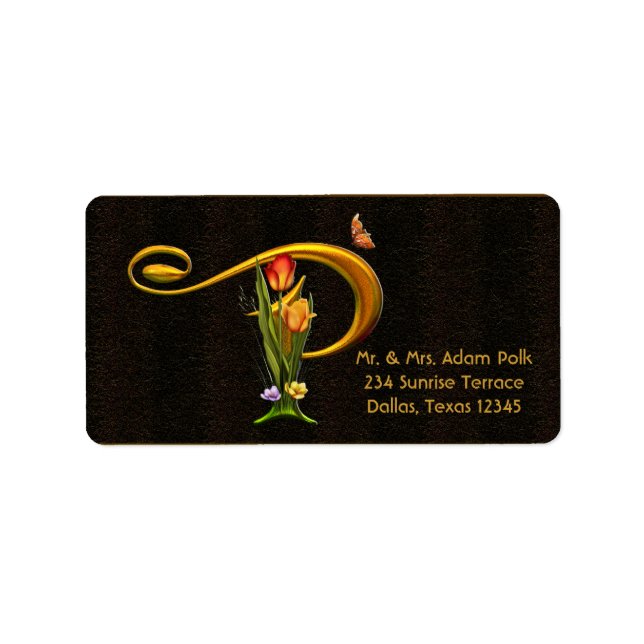 Brev P Monogram Tulips Butterfly-Adressetiketter Adressetikett (Framsidan)