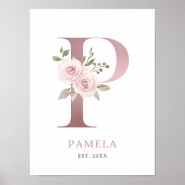 Brev P Monogram Watercolor Ro Blommigt Nursery Poster