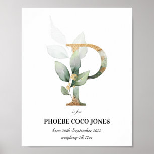 Brev P Nyfödd bebis Monogram Birth Print Greenery Poster