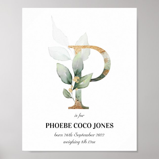 Brev P Nyfödd bebis Monogram Birth Print Greenery Poster (Framsidan)