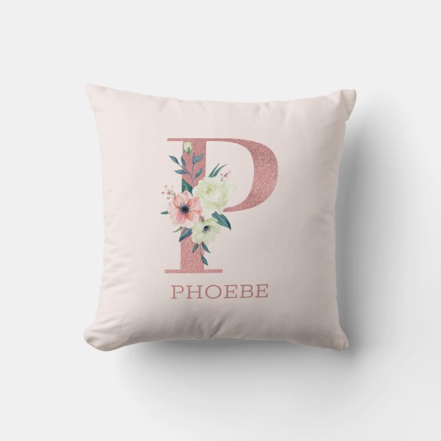 Brev P Rosa Watercolor Blommigt Monogram Nursery Kudde (Framsida)
