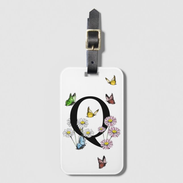Brev Q Blommigt Butterfly Monogram Initial Bagagebricka (Framsida vertikal)