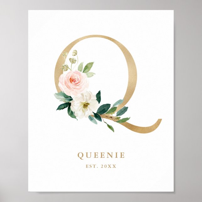 Brev Q  Blommigt Monogram Guld Foil Nursery Poster (Framsidan)