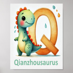 Brev Q, Dinosaur Alphabet Watercolor Poster